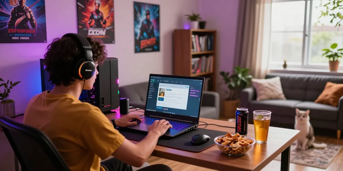 Zowin online gaming setup showcasing a gamer immersed in the interface with snacks and cozy decor.