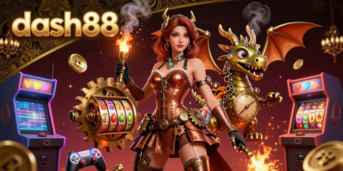 Play exciting games at dash88, featuring a colorful scene with slot machines and a whimsical clockwork dragon.