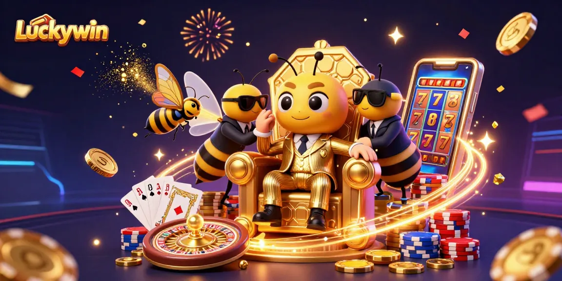 Play at Luckywin with a vibrant 3D casino scene featuring games, festive elements, and rich decorations.