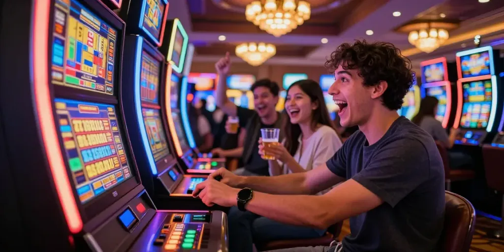 Exciting scene of players celebrating at a slot jackpot machine in a vibrant casino.