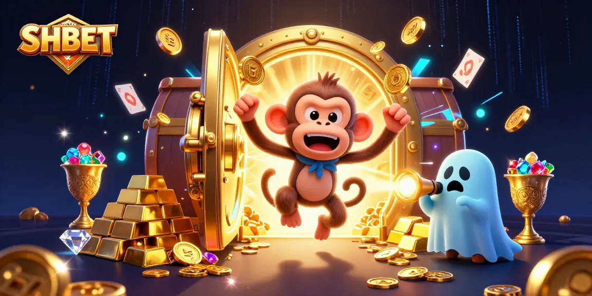 Engage in thrilling SHBET experiences with a ghost-hunter puppy tracking a playful poltergeist monkey amidst golden treasures.