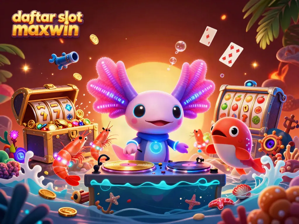 Daftar slot maxwin meriah dengan DJ axolotl neon dan karakter laut yang penuh warna.