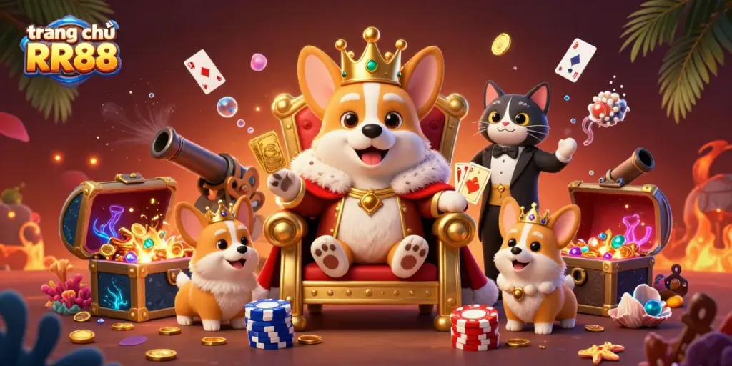 Engage with the vibrant scene of trang chủ RR88 featuring royal corgis on a throne of poker chips amidst treasures, promoting fun gameplay.