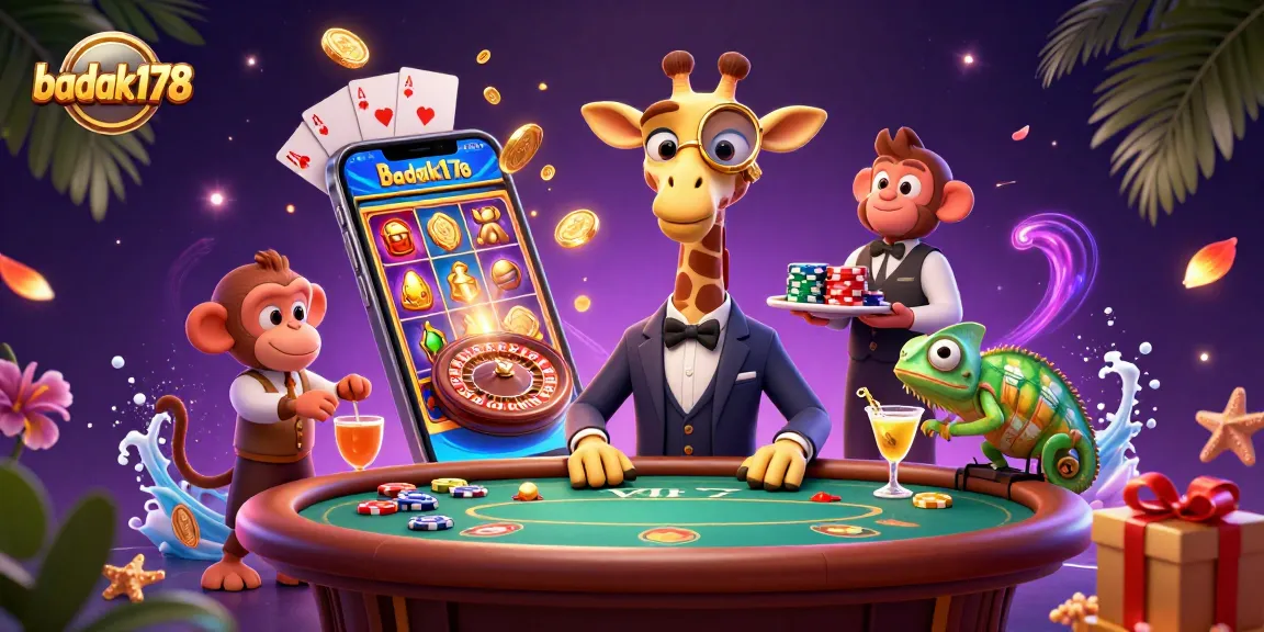 Play thrilling games with badak178 in a vibrant casino scene featuring unique characters and dazzling elements.