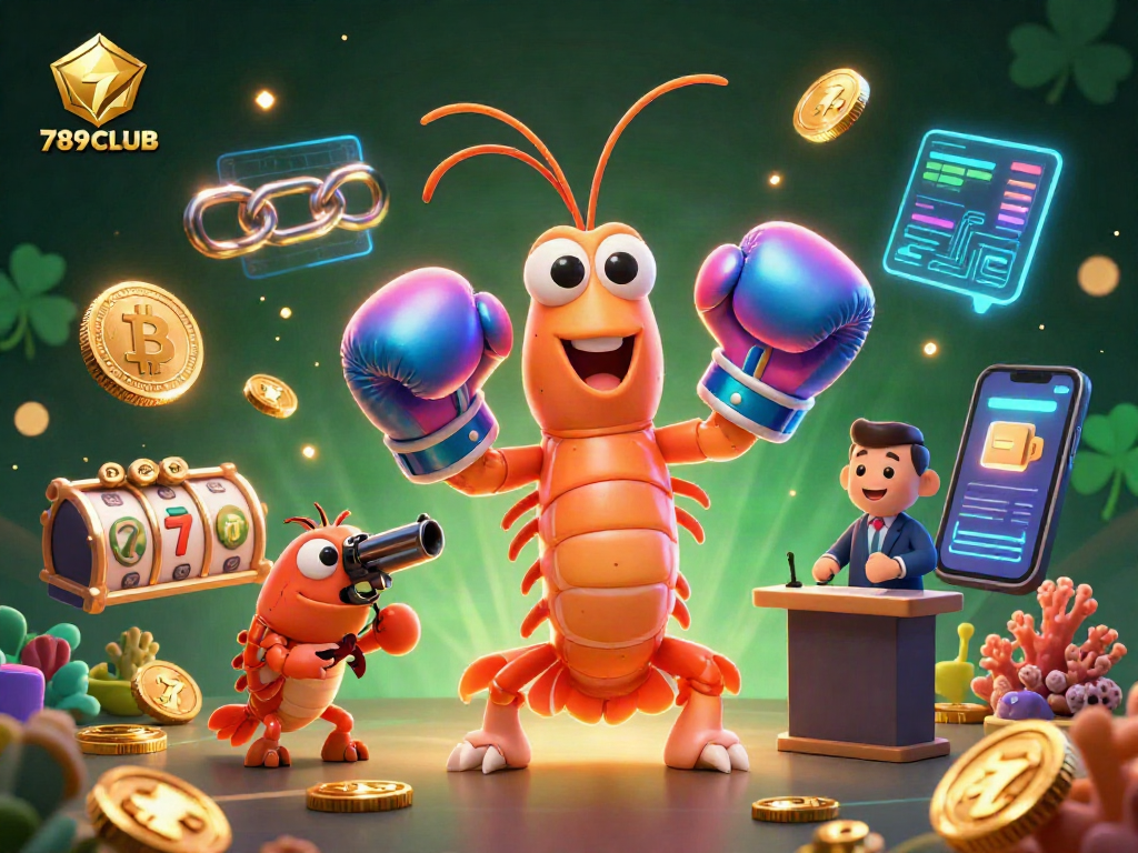 Experience the thrill of crypto gaming with 789CLUB as colorful characters interact with vibrant gaming elements.