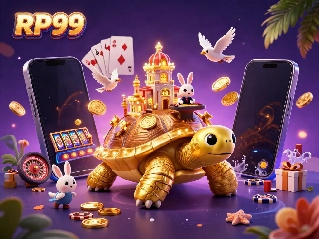 Experience the vibrant gaming world with RP99, featuring a tortoise casino and golden coins.