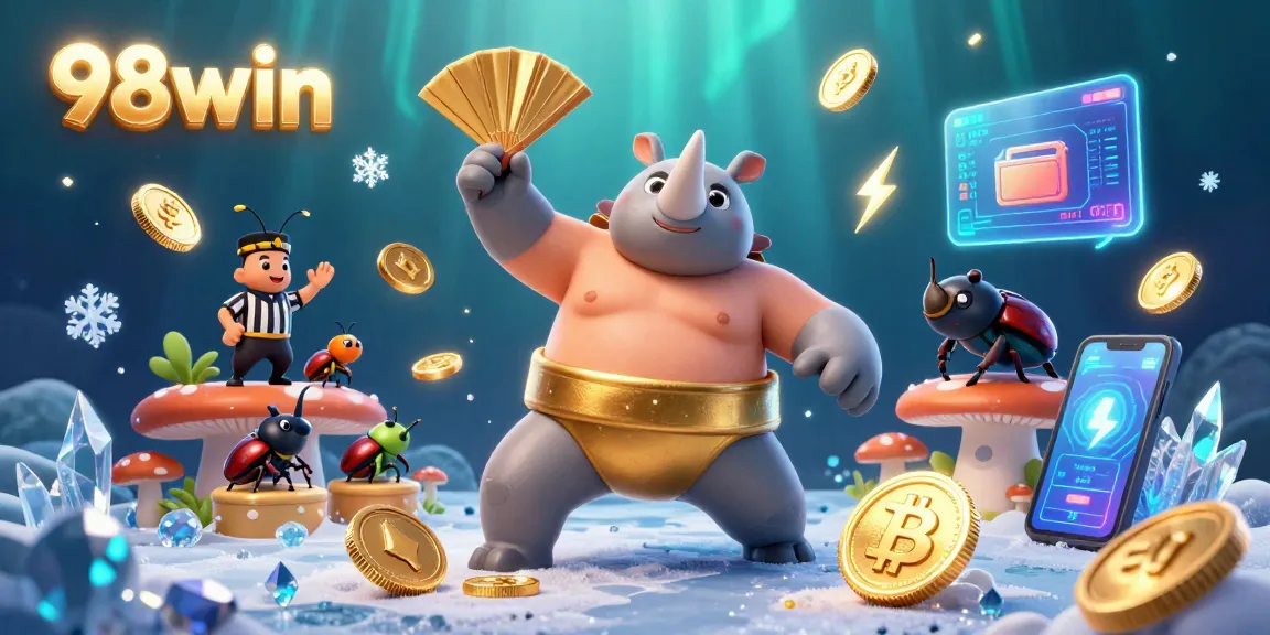 Engage with 98win as the rhinoceros beetle champion stomps gold coins in a vibrant casino atmosphere.