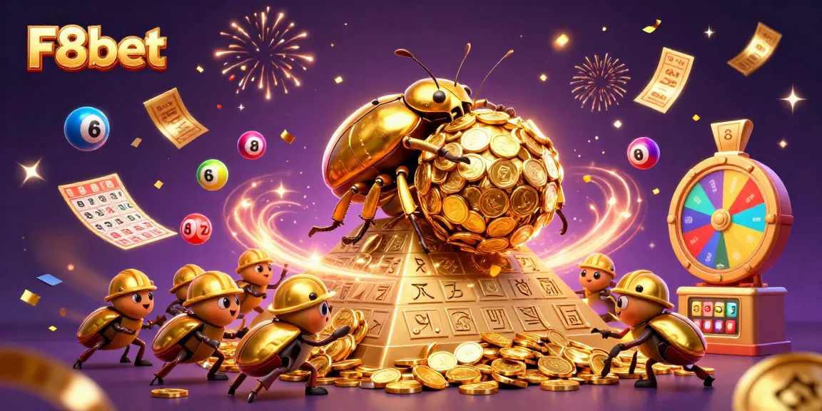 Engage with F8bet's vibrant gambling scene featuring a golden beetle and dynamic lottery balls.