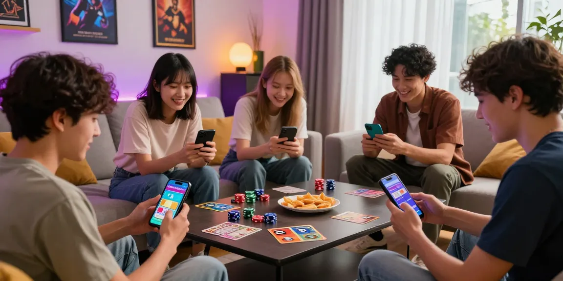Engaging Android game download scene with friends playing Card Rummy APK in vibrant living room.