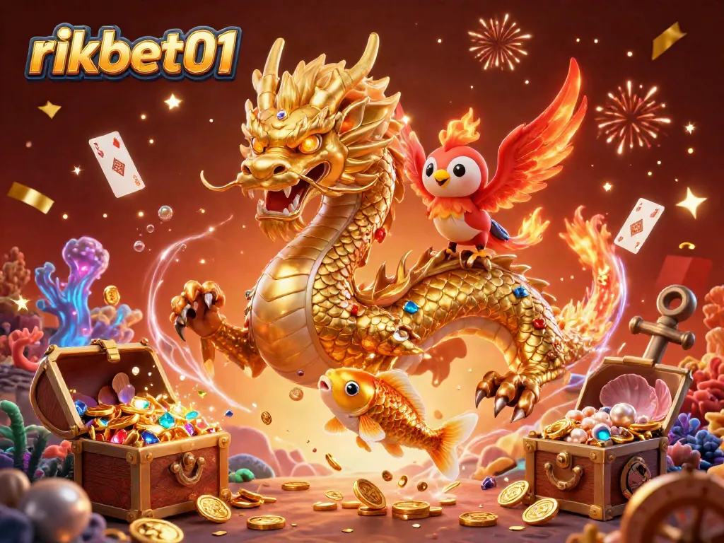 Experience the excitement of rikbet01 as the golden dragon soars with a fiery phoenix and koi fish amidst a treasure-laden background.