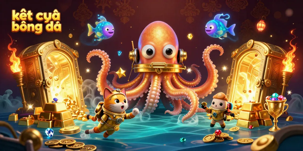 Experience kết quả bóng đá with a vibrant 3D illustration featuring a kraken, a diving cat, and treasure elements.