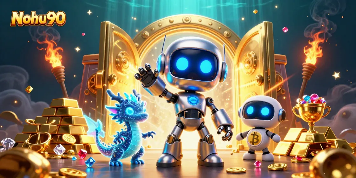 Nohu90 showcases an immersive 3D illustration with a cyberpunk robot, dragon, and drone in a vibrant casino setting.