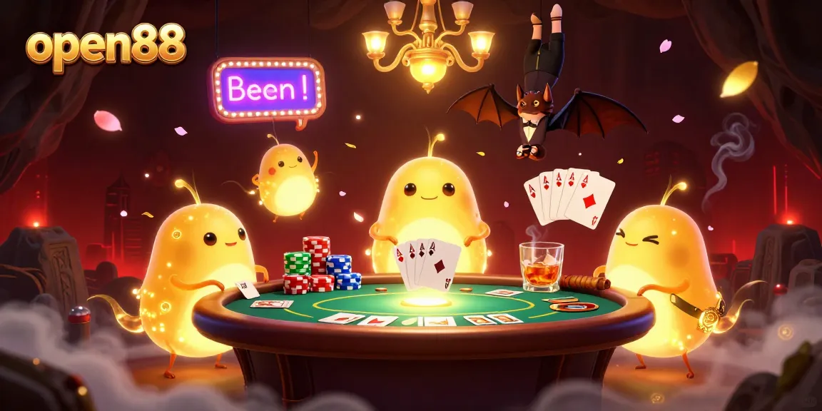Experience the excitement of open88 with a vibrant casino scene featuring glowing glowworms and a bat dealer.