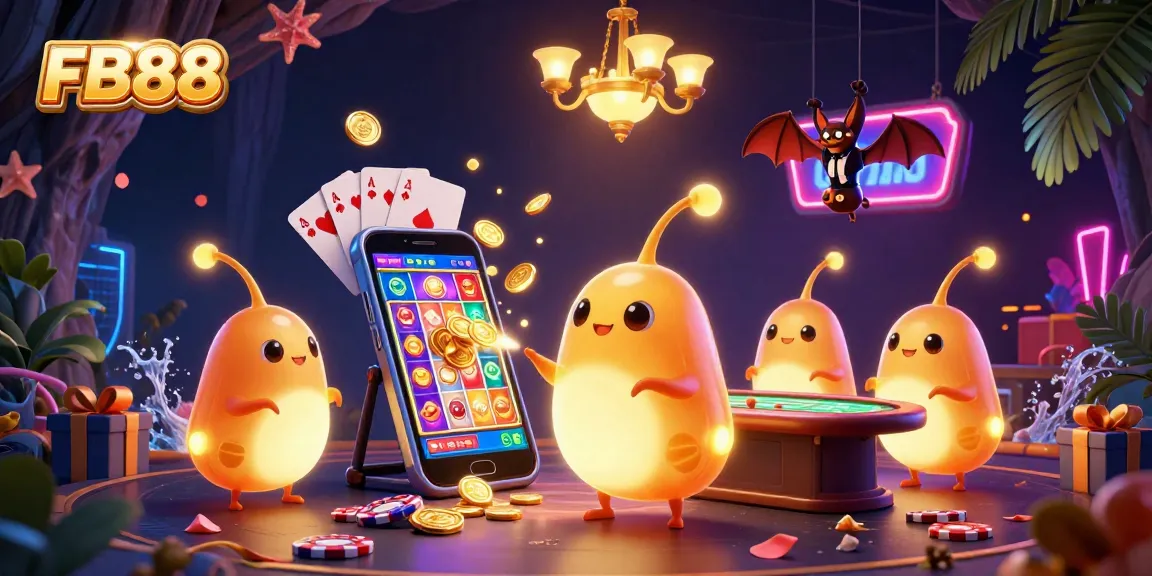 Play at FB88 with a vibrant casino scene featuring glowing glowworms illuminating games like slots and roulette.