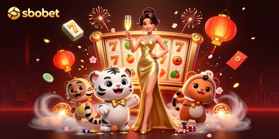 Experience sbobet's excitement with a glamorous woman, lucky tiger cub, and dynamic casino elements.