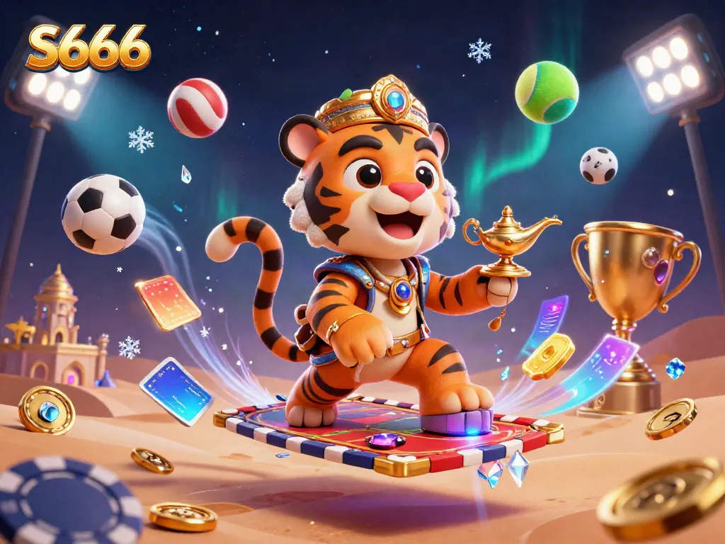 Experience the vibrant world of S666 featuring a tiger sultan and dynamic casino elements.