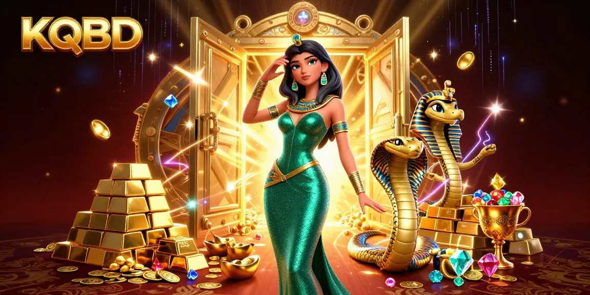 KQBD presents a stunning woman with a golden cobra amidst treasure and sparkling gems.