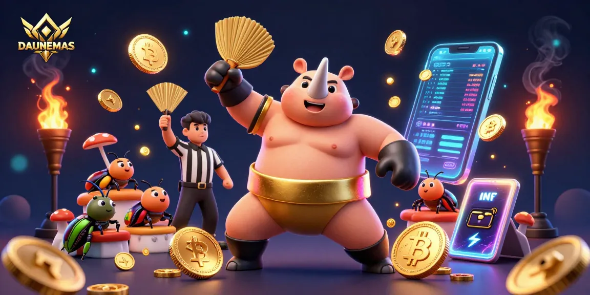 DAUNEMAS showcases an epic beetle sumo battle with flying coins, illustrating casino excitement and energy.