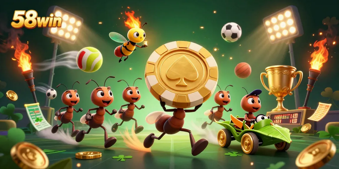 Ants heist scene featuring a golden poker chip at 58win, surrounded by dynamic sports action.