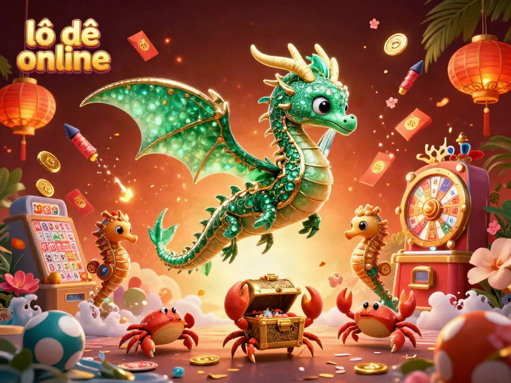 Engage in lô đề online with our vibrant 3D comic-style illustration showcasing a sea dragon and lottery games.