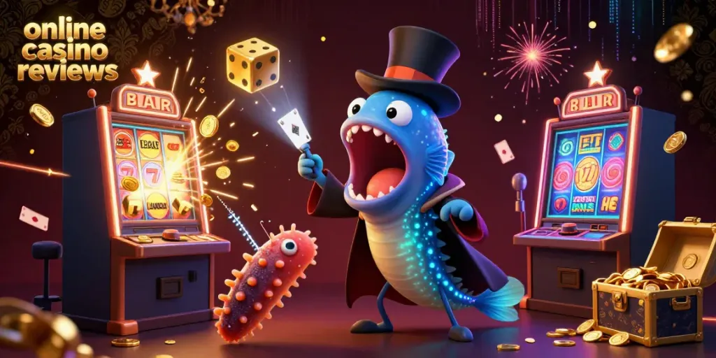 Engaging illustration of online casino reviews featuring unique sea creatures in a magical casino scene.