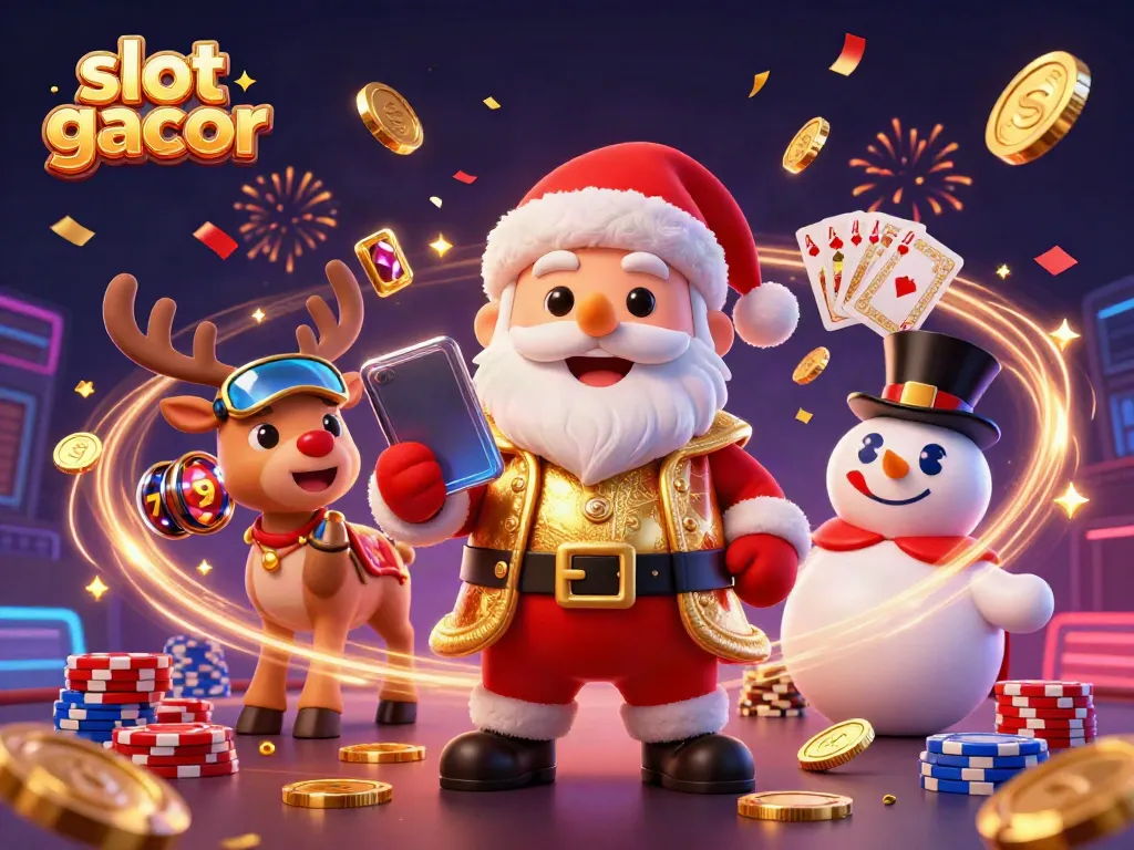 Play thrilling slot gacor with cartoon Santa, joyful reindeer, and a snowman, surrounded by casino fun!
