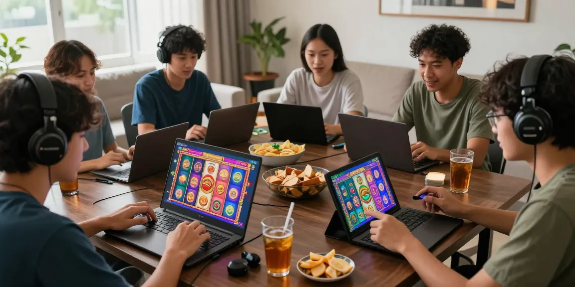 Engaged players enjoying deposit pulsa tanpa potongan slot games on various devices in a cozy gaming environment.