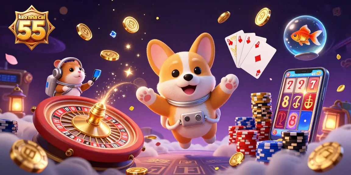 Engage with keo nha cai 55 in a dynamic casino space scene featuring a playful astronaut corgi.