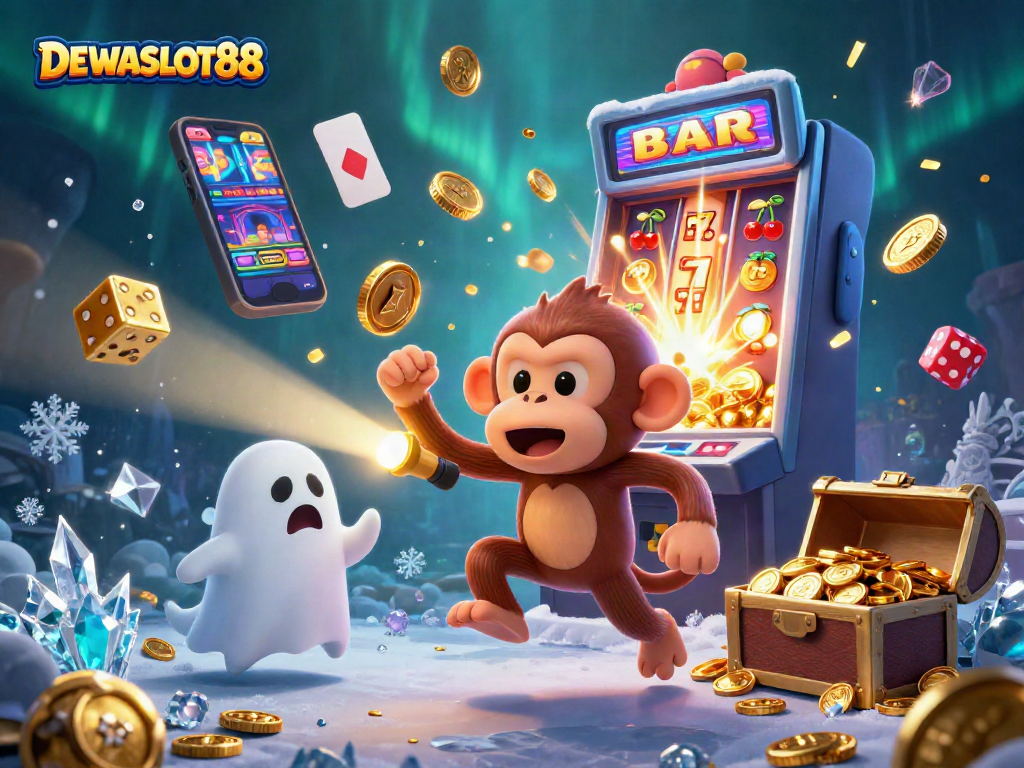 Engage with DEWASLOT88 in a vibrant haunted casino scene with playful spirits and jackpots.