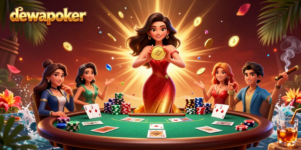 Play exciting poker at dewapoker, featuring vibrant graphics of an Asian woman holding a golden coin amidst rich casino elements.