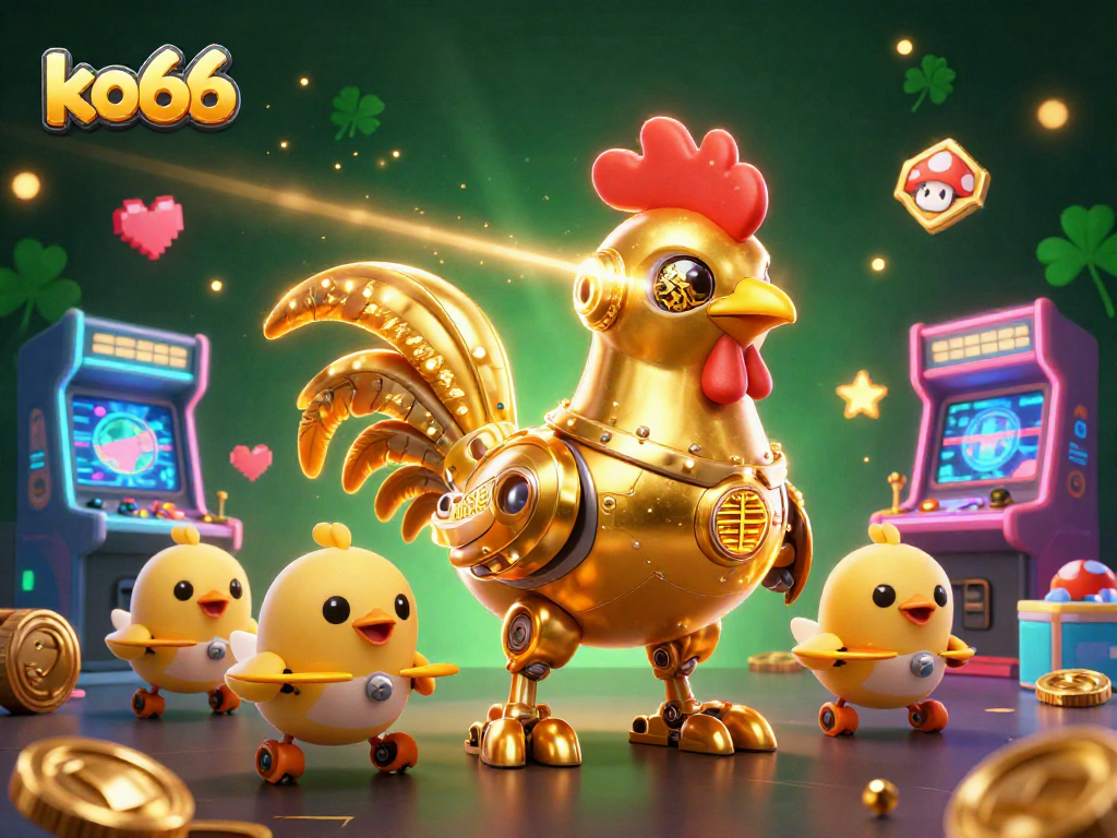 Experience thrilling gaming at ko66 with a vibrant, engaging 3D illustration of a golden rooster robot and baby chick drones!