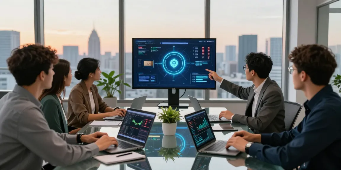 Engaged investors strategizing on how to buy in BRICS crypto in a modern office setting.