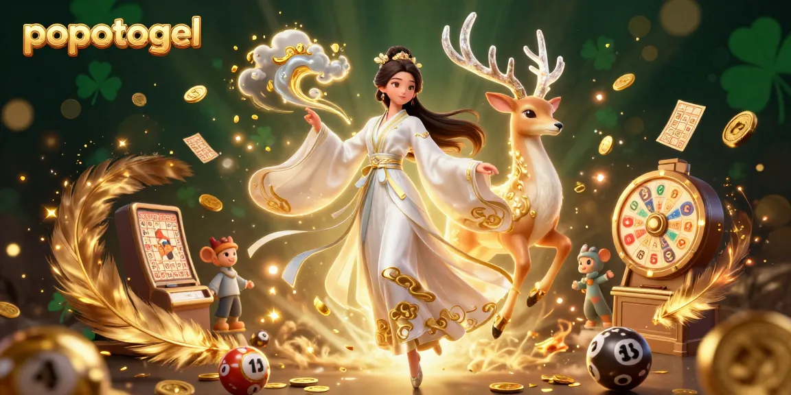 Engage with popotogel lottery themed artwork featuring a captivating Asian woman and celestial deer.