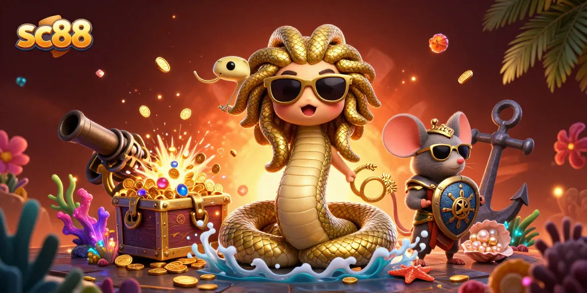 Experience the excitement of sc88 with Medusa and warrior mouse in a vibrant casino-themed scene bursting with treasures!
