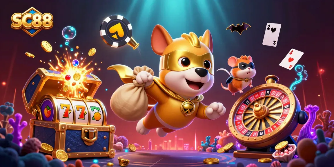 Join the thrill of SC88 with a superhero dog and hamster in a vibrant casino adventure.