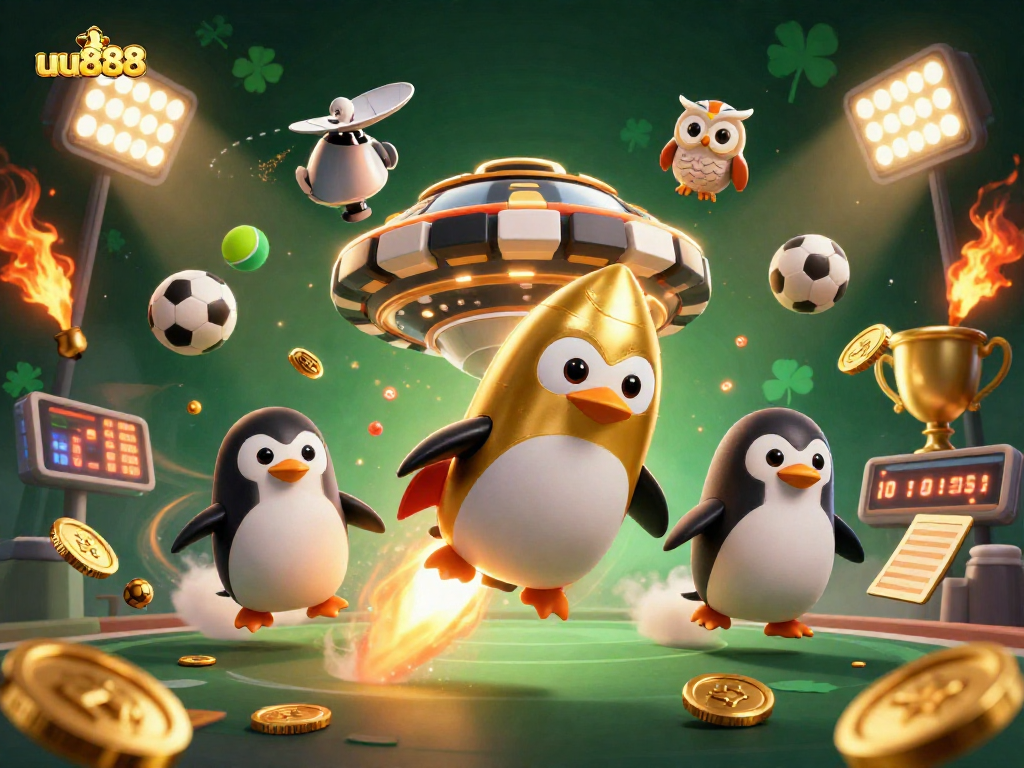 Win big with uu888 in this vibrant casino scene featuring a golden penguin in space!