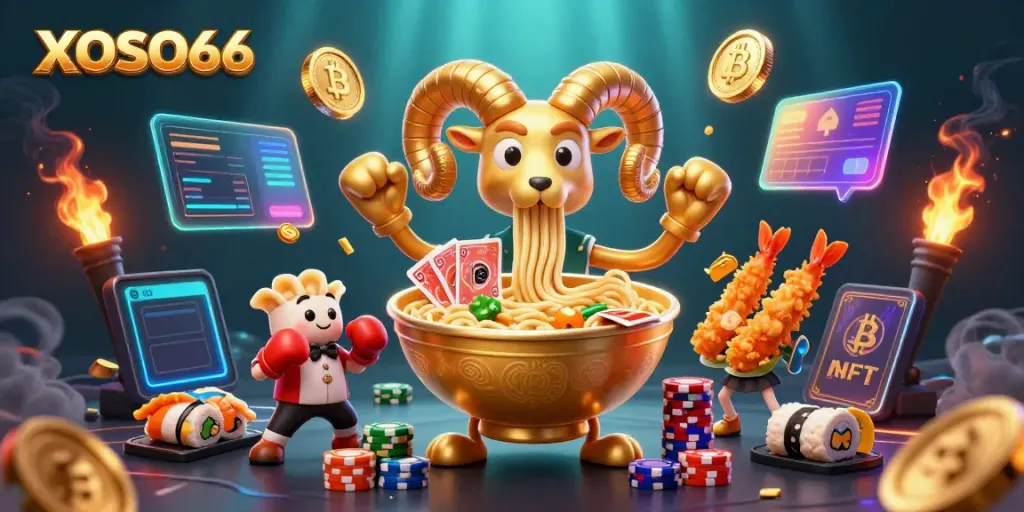 XOSO66 showcases a vibrant 3D casino illustration featuring a golden ramen bowl dealer among crypto symbols.