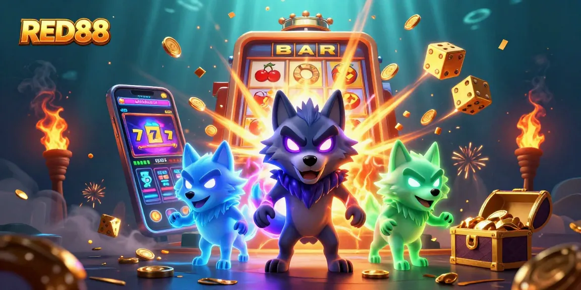 Experience exciting gameplay with RED88 at this vibrant online casino scene featuring playful wolf characters.