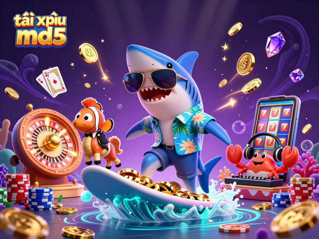 Engage with tài xỉu md5 in this vivid casino scene featuring energetic characters and gambling elements.