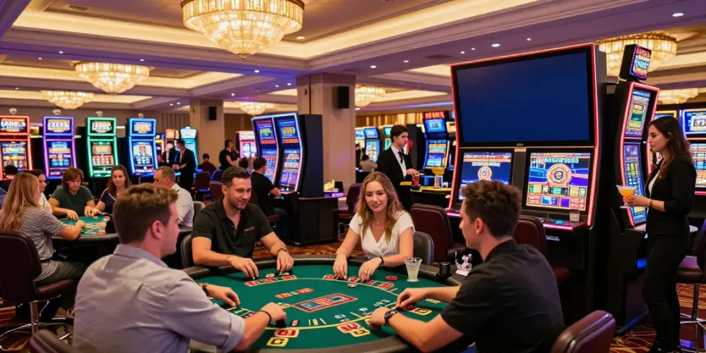 Casino News highlights a lively modern casino scene with players and games.