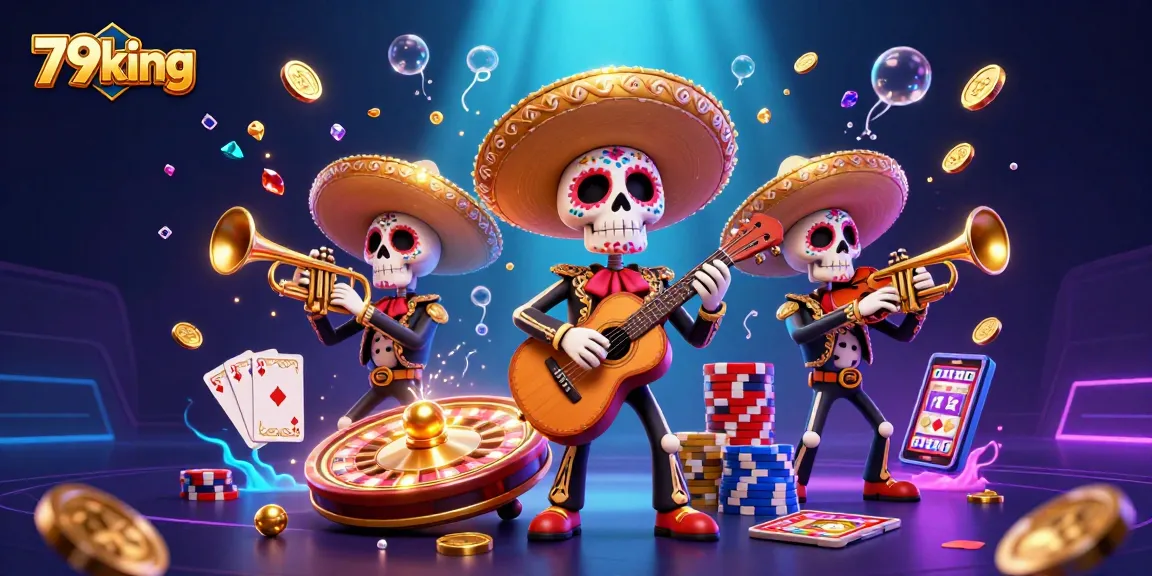 Experience thrilling gameplay with 79king's vibrant casino scene featuring mariachi skeletons and rich gaming elements.