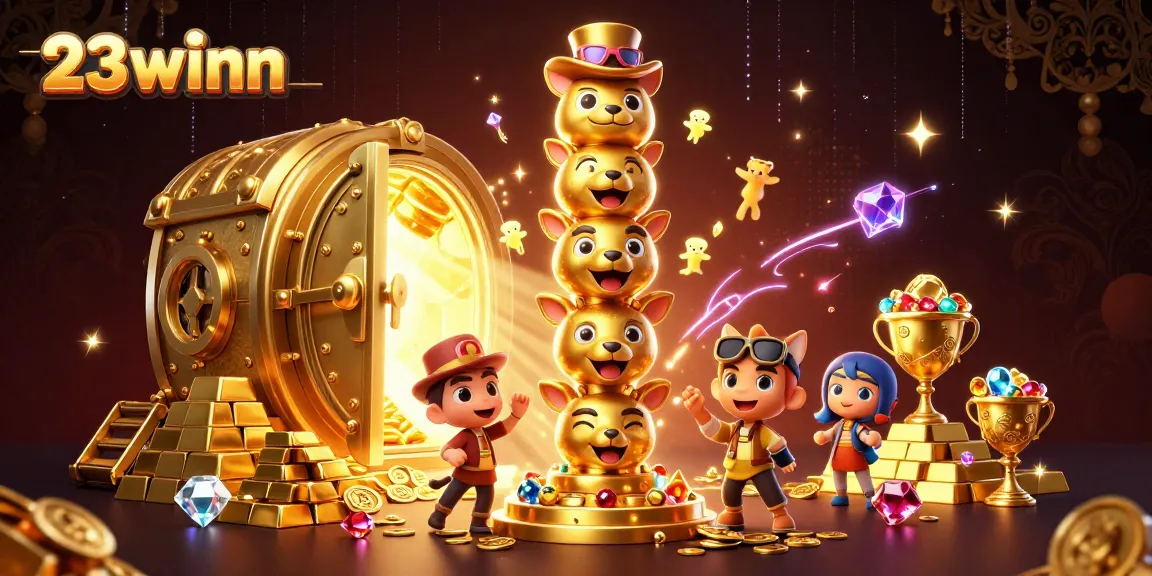 Experience thrilling wins at 23winn with a vibrant casino illustration featuring unique characters and treasures.