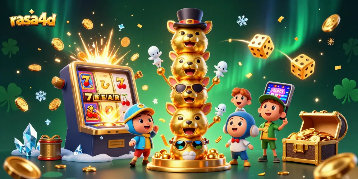 Permainan slot jackpot dan tema kasino pada ilustrasi 3D, termasuk simbol rasa4d dan efek visual mengagumkan.