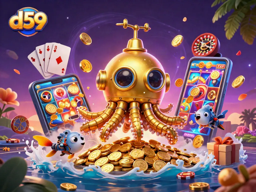 Engage with d59's vibrant slot action featuring a golden kraken, treasures, and gaming elements.