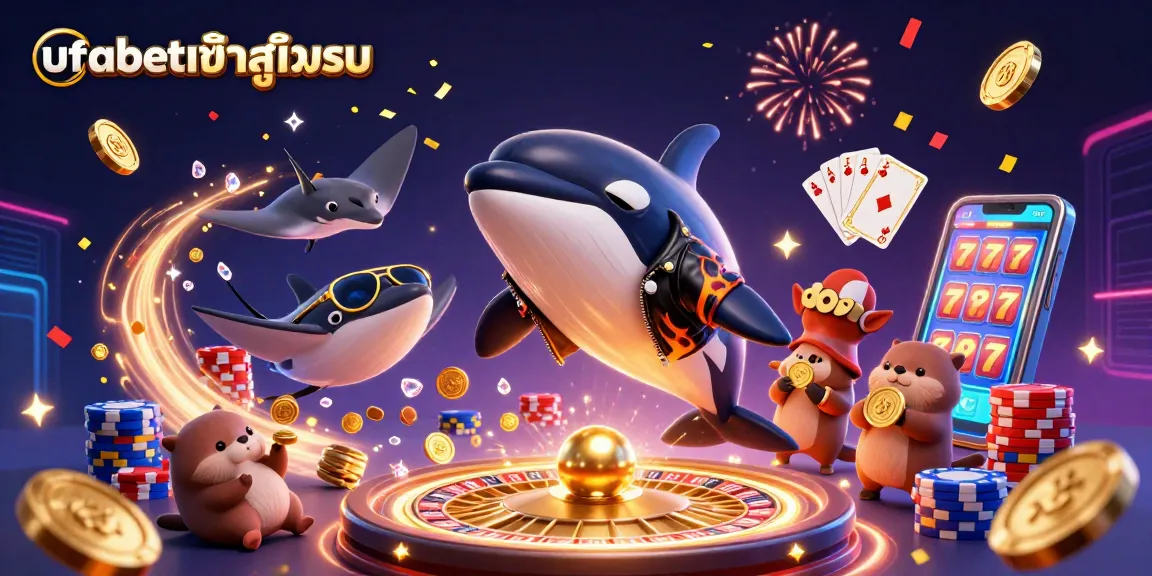 Experience thrilling adventures with ufabetเข้าสู่ระบบ, featuring an orca in a biker jacket and otters holding coins.