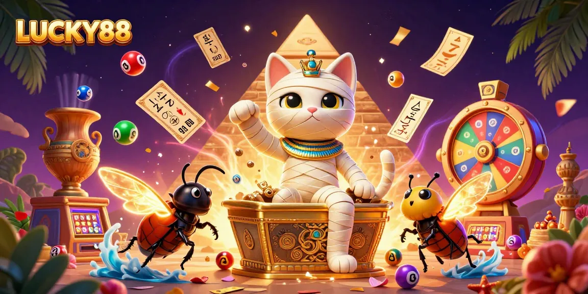 Spin to win with LUCKY88 in this vibrant, dynamic Egyptian-themed casino scene.