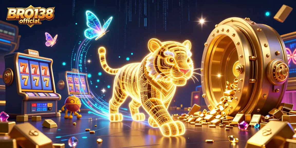 Spin the reels with BRO138 official in a vibrant digital casino, featuring a radiant tiger and treasure vault.