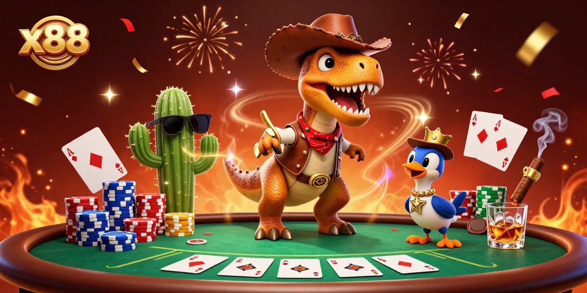 x88 engages in high-stakes poker with a dinosaur and friends at a vibrant casino.