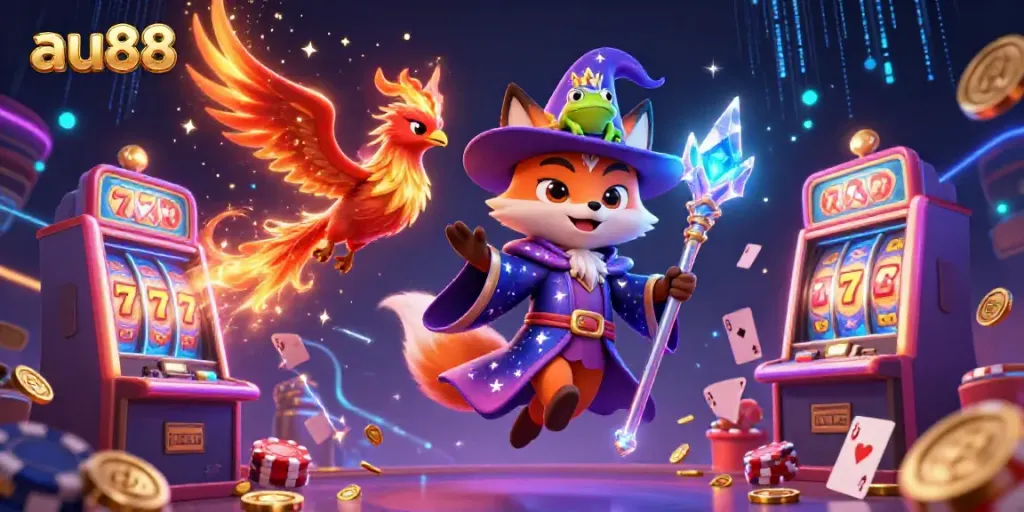 Experience the magic of au88 with a vibrant 3D casino scene featuring mystical characters and dynamic slot game elements.