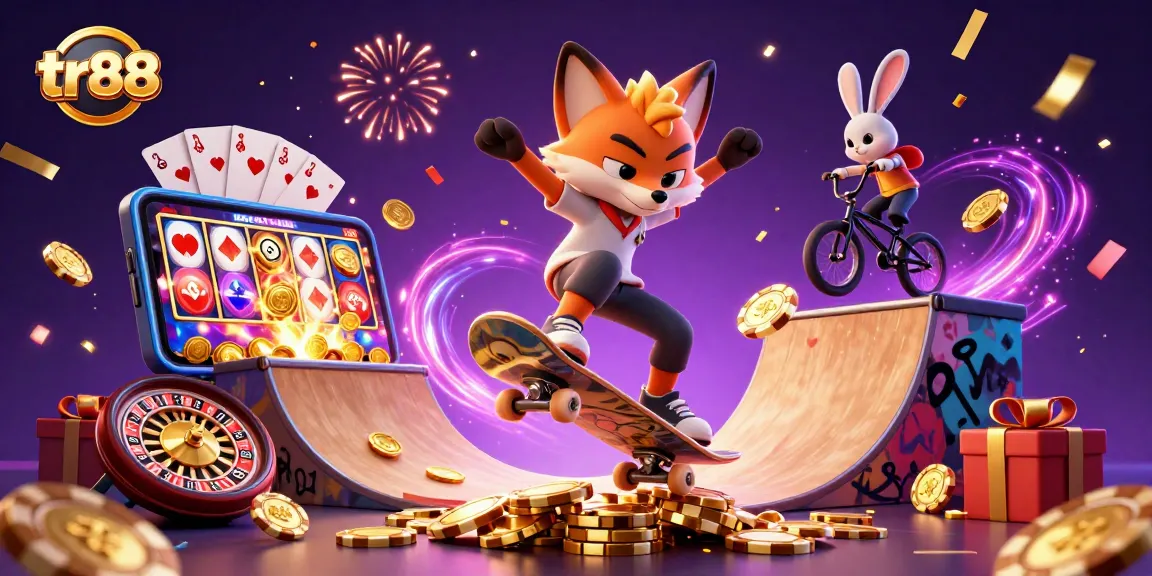 Join the thrilling action at tr88 with vibrant casino symbols and party atmosphere in this dynamic illustration.